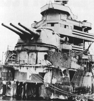 Close-up of the damage to USS New Orleans showing turret No. 2 and where 150 feet of bow was torn away