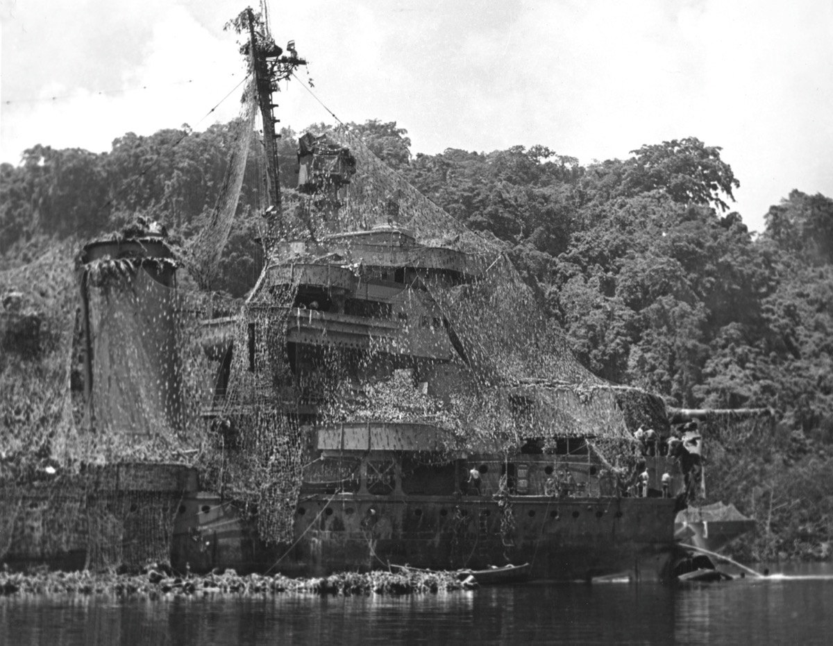 USS New Orleans camouflaged with vegetation at Tulagi, December 1942